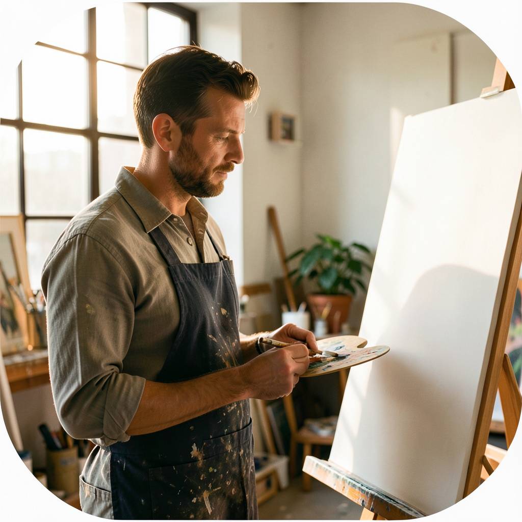 Editorial fine-art photograph of a professional painter holding a palette and brush while thoughtfully facing a clean blank canvas in a bright sunlit loft studio. Warm afternoon light, refined contemporary color grading with subtle warm gold notes, realistic details, candid inspiring mood, no text or logos, rounded landscape card composition.